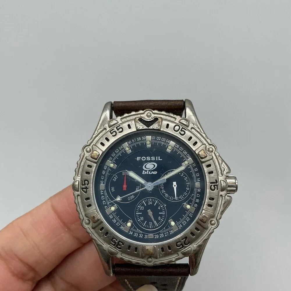 Fossil Blue Mens Watch 40mm Blue Dial Silver Tone Leather Multi New Battery